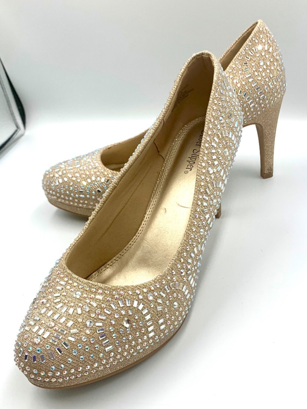 11W Formal party bling closed toe slim heel gold/nude rhinestone platform prom